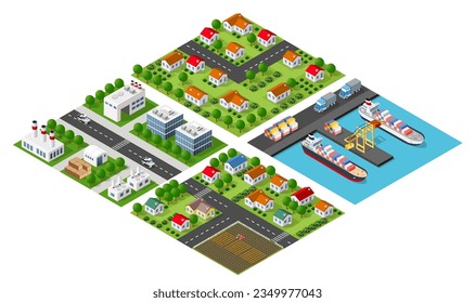 Isometric port cargo ship cargo seaport at sea with crane container transport vessel logistic illustration