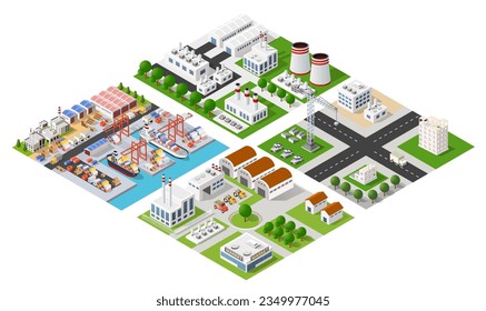 Isometric port cargo ship cargo seaport at sea with crane container transport vessel logistic illustration