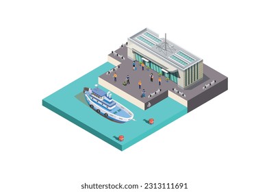 isometric port with sea transportation isolated on white background