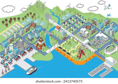 Isometric port town diorama illustration