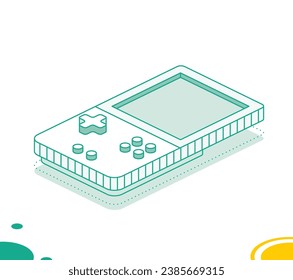 Isometric portable handheld retro gaming console with buttons. Outline concept. Vector illustration. Object isolated on white background.