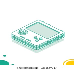 Isometric portable handheld retro gaming console with buttons. Outline concept. Vector illustration. Object isolated on white background.