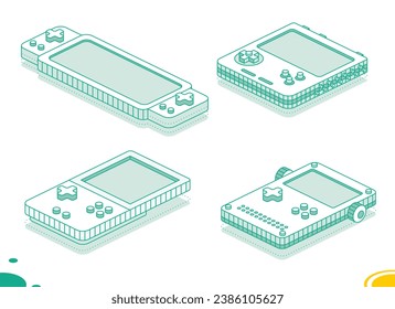 Isometric portable handheld retro gaming console with buttons. Collection of items. Outline concept. Vector illustration. Object isolated on white background.