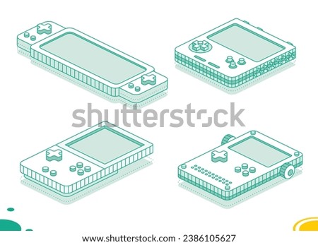 Isometric portable handheld retro gaming console with buttons. Collection of items. Outline concept. Vector illustration. Object isolated on white background.