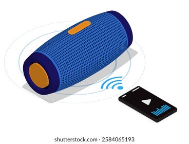 Isometric portable music speaker connects to smartphone wireless. Modern technology for connecting devices to single network. Realistic 3D vector concept isolated on white background