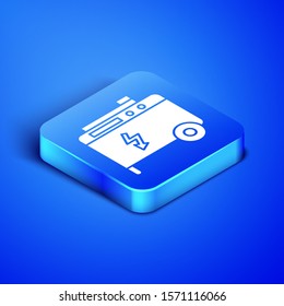 Isometric Portable power electric generator icon isolated on blue background. Industrial and home immovable power generator. Blue square button. Vector Illustration