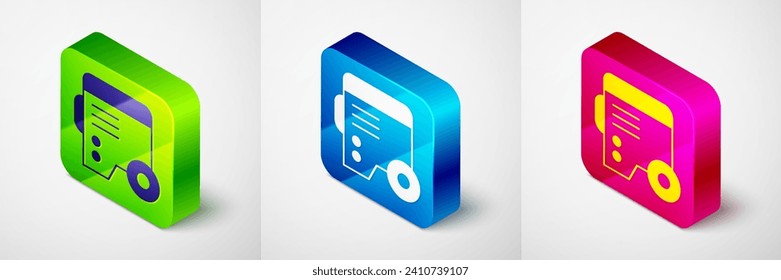 Isometric Portable power electric generator icon isolated on grey background. Industrial and home immovable power generator. Square button. Vector