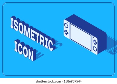 Isometric Portable video game console icon isolated on blue background. Gamepad sign. Gaming concept.  Vector Illustration