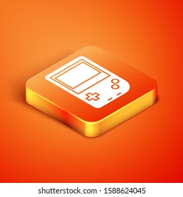 Isometric Portable video game console icon isolated on orange background. Gamepad sign. Gaming concept.  Vector Illustration