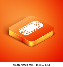 Isometric Portable video game console icon isolated on orange background. Gamepad sign. Gaming concept.  Vector Illustration