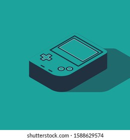 Isometric Portable video game console icon isolated on green background. Gamepad sign. Gaming concept.  Vector Illustration