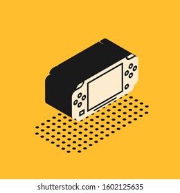 Isometric Portable video game console icon isolated on yellow background. Gamepad sign. Gaming concept.  Vector Illustration