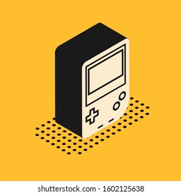 Isometric Portable video game console icon isolated on yellow background. Gamepad sign. Gaming concept.  Vector Illustration