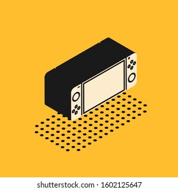 Isometric Portable video game console icon isolated on yellow background. Gamepad sign. Gaming concept.  Vector Illustration