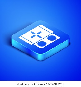 Isometric Portable video game console icon isolated on blue background. Gamepad sign. Gaming concept. Blue square button. Vector Illustration