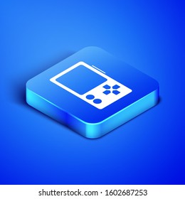 Isometric Portable video game console icon isolated on blue background. Gamepad sign. Gaming concept. Blue square button. Vector Illustration