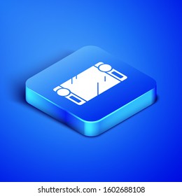 Isometric Portable video game console icon isolated on blue background. Gamepad sign. Gaming concept. Blue square button. Vector Illustration