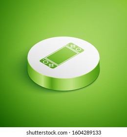 Isometric Portable video game console icon isolated on green background. Gamepad sign. Gaming concept. White circle button. Vector Illustration
