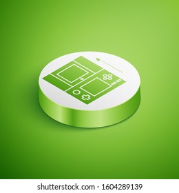 Isometric Portable video game console icon isolated on green background. Gamepad sign. Gaming concept. White circle button. Vector Illustration