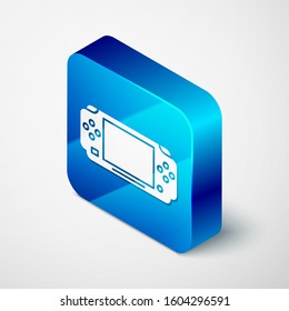 Isometric Portable video game console icon isolated on white background. Gamepad sign. Gaming concept. Blue square button. Vector Illustration