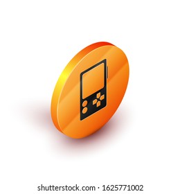 Isometric Portable video game console icon isolated on white background. Gamepad sign. Gaming concept. Orange circle button. Vector Illustration