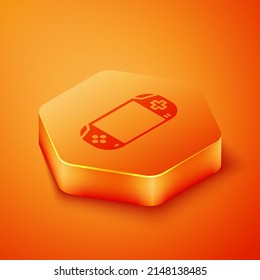 Isometric Portable video game console icon isolated on orange background. Gamepad sign. Gaming concept. Orange hexagon button. Vector Illustration
