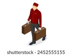 Isometric Porter with Baggage, Bellhop in Uniform and A hotel Luggage Cart loaded with Suitcases and Bags Enjoy the Holiday and Vacation.