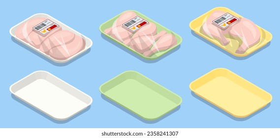 Isometric Portioned chicken meat on plastic trays. Vacuum packaging for storage, transportation of chicken