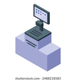 Terminal de poste isométrico con pantalla en blanco que muestra la barra de procesamiento de pie en el contador