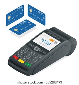 Isometric POS Terminal. Concept of cashless payment and credit card payment. Flat 3d isometric vector illustration. For infographics and design 