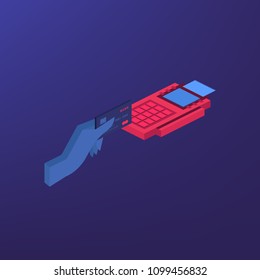 Isometric POS terminal confirms the payment by debit credit card. Vector illustration in flat design. NFC payments concept
