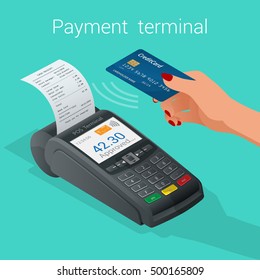 Isometric Pos terminal confirms the payment by debit credit card. Vector illustration in flat design. nfc payments concept