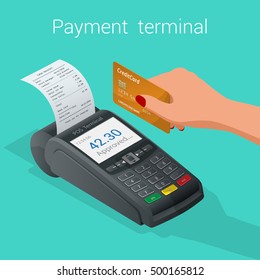 Isometric POS terminal confirms the payment by debit credit card. Vector illustration in flat design. NFC payments concept