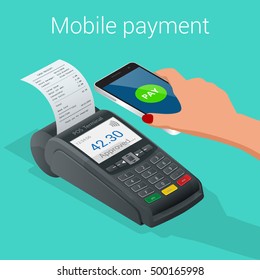 Isometric Pos terminal confirms the payment by smartphone. Vector illustration in flat design on blue background. NFC payments concept.