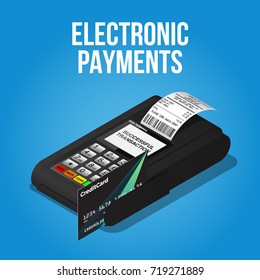 Isometric Pos Terminal Confirms The Payment By Debit Or Credit Card. Vector Illustration 