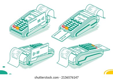 Isometric POS Terminal with Credit Card and Cash Receipt Isolated on White Background. Payment Machine. Secure Payment. Vector Illustration. Online Cashier with Credit Card. Cash Register Terminal.