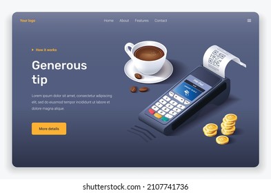 Isometric POS terminal, a cup of coffee, invoice and check. Landing page template.