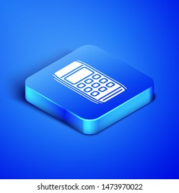 Isometric Pos terminal icon isolated on blue background. Payment terminal transaction. Pay by card. Blue square button. Vector Illustration
