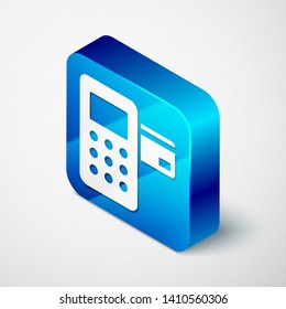 Isometric Pos terminal with inserted credit card icon isolated on white background. Payment terminal transaction. Blue square button. Vector Illustration