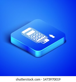 Isometric Pos terminal with inserted credit card icon isolated on blue background. Payment terminal transaction. Pay by card. Blue square button. Vector Illustration