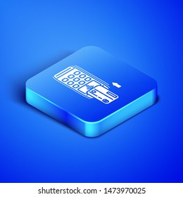 Isometric Pos terminal with inserted credit card icon isolated on blue background. Payment terminal transaction. Pay by card. Blue square button. Vector Illustration