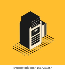 Isometric POS terminal with inserted credit card and printed reciept icon isolated on yellow background. NFC payment concept.  Vector Illustration