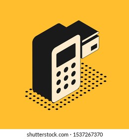 Isometric Pos terminal with inserted credit card icon isolated on yellow background. Payment terminal transaction.  Vector Illustration