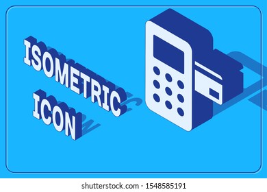 Isometric Pos terminal with inserted credit card icon isolated on blue background. Payment terminal transaction.  Vector Illustration