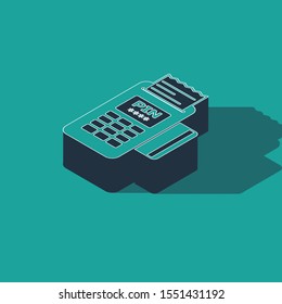Isometric POS terminal with inserted credit card and printed reciept icon isolated on green background. NFC payment concept.  Vector Illustration