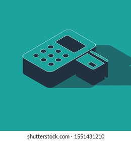 Isometric Pos terminal with inserted credit card icon isolated on green background. Payment terminal transaction.  Vector Illustration