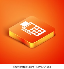 Isometric POS terminal with inserted credit card and printed reciept icon isolated on orange background. NFC payment concept. Vector Illustration