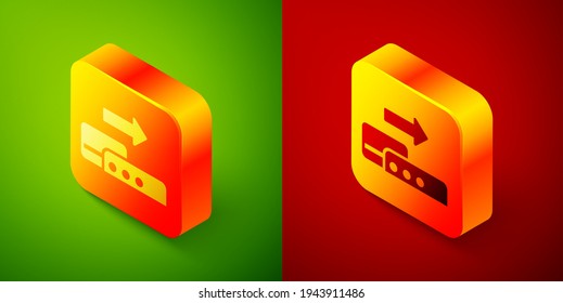 Terminal isométrico de Pos con icono de tarjeta de crédito insertado aislado en fondo verde y rojo. Transacción de terminal de pago. Paga por tarjeta. Botón cuadrado. Vector