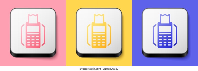 Isometric POS terminal with inserted credit card and printed reciept icon isolated on pink, yellow and blue background. NFC payment concept. Square button. Vector