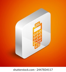 Isometric POS terminal with inserted credit card and printed reciept icon isolated on orange background. NFC payment concept. Silver square button. Vector Illustration
